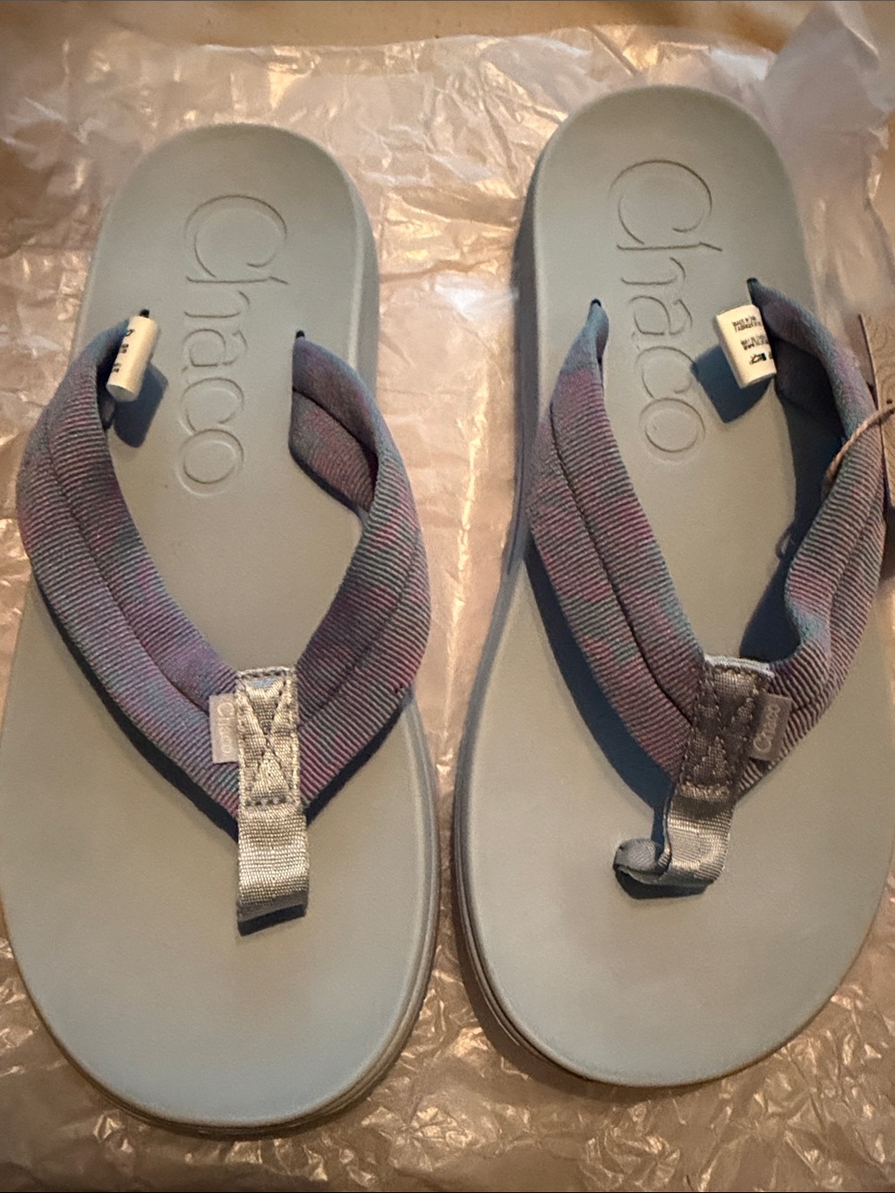 Chaco Women’s  Light Blue Flip Sandals with Purple-Striped Webbing